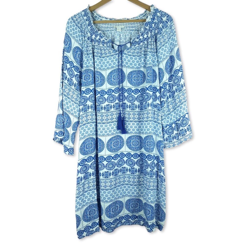 Cato Women Boho Dress with Tassels Blue Long Sleeve 100% Rayon Size M